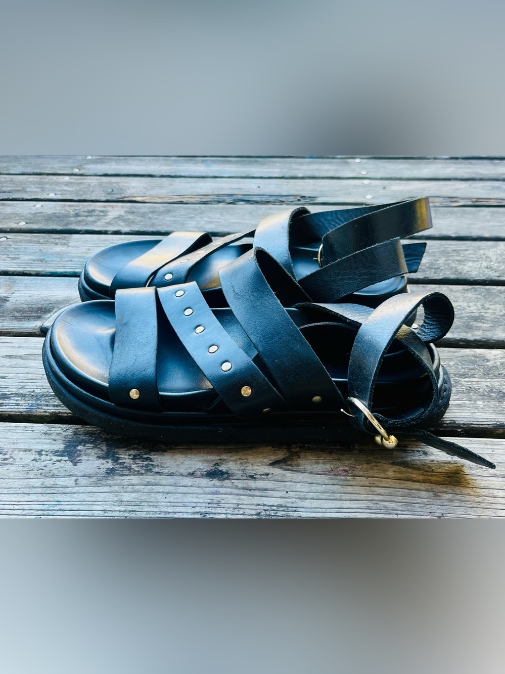 Alohas Buckle Up Black Leather Studded Strap Sandals - Picture 3 of 9